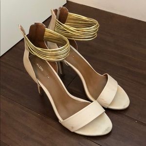 Nude Aldo heels with gold ankle straps